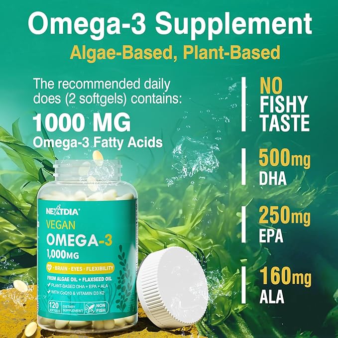 Vegan Omega 3 EPA DHA ALA Supplement + CoQ10 Vitamin D3 K2 (MK7) for Women Men | 1000mg Algae Oil as Fish Oil Alternative | Plant Based Omega 3 Mini Softgels for Bone Brain Eye Skin | 120 Pills