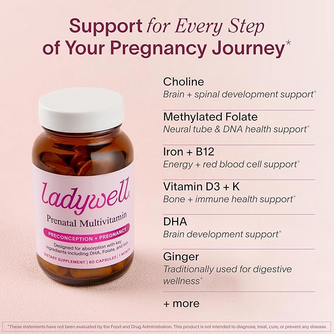 Ladywell Prenatal Multivitamin | Conception Pregnancy &amp Postpartum | Key Ingredients Including DHA Folate &amp Iron | Expertly-Formulated &amp Tested | Designed for Absorption with Nausea Supp