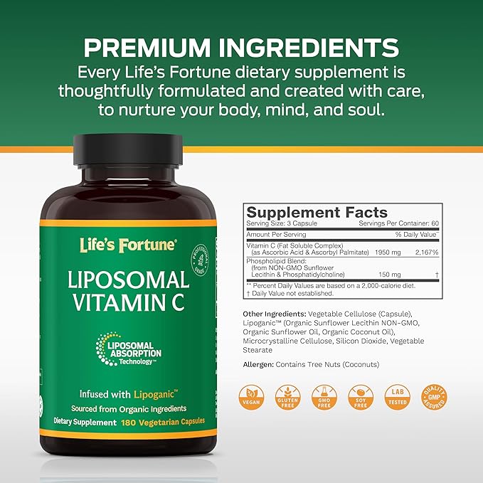 Life's Fortune Liposomal Vitamin C 2100 mg Fast Acting Absorption Higher Bioavailability Supporting Immune System High Antioxidant Supplement Formula – Collagen Booster – 180 Capsules