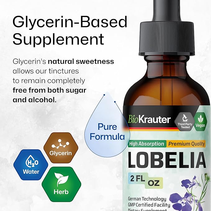 BIO KRAUTER Lobelia Tincture for Lung Cleanse &amp Detox - Pure Vegan Lobelia Herb Liquid Extract - 2 Fl.Oz. 84 Days of Supply - Respiratory Support Supplement - Alcohol &amp Sugar Free Non-GMO