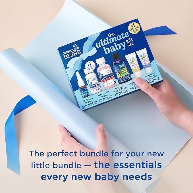 Mommy’s Bliss Ultimate Baby Gift Set | Gripe Water Probiotic Drops Pain &amp Fever Medicine Gas Relief Drops and Gum Massage Gel