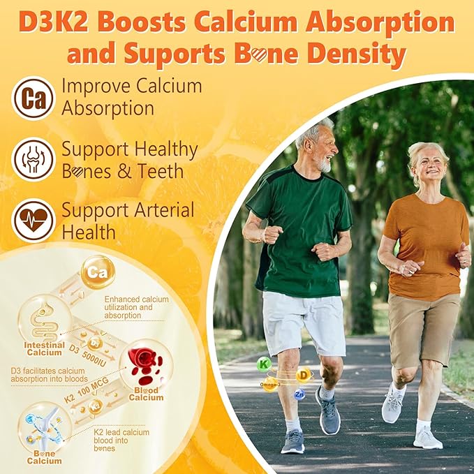 Vitamin D3 K2 Gummies 5000IU / 10000 IU with Omega-3 250mg+K2(MK-7) 100mcg -5X Absorption Than Standard D3K2with Vitamin CZincand 5 Organic VegetablesSupports Bone &amp Teeth Strength Immune1
