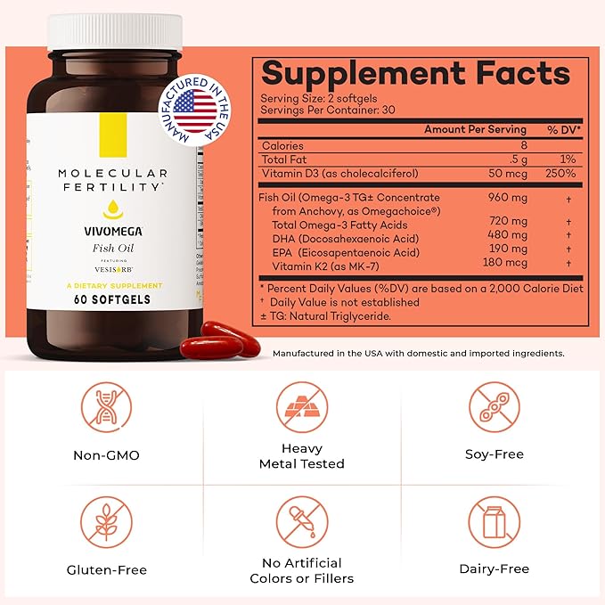 VIVOMEGA Fish Oil with VESIsorb® - Fertility Supplement for Women &amp Men - Doctor Formulated EPA DHA Omega 3 Fatty Acids Vitamin D3 K2 for Reproductive Wellness - 60 Softgels