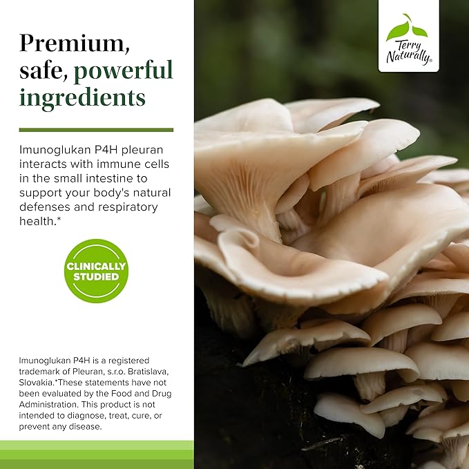 Terry Naturally PleuraMax - Upper Respiratory Health Supplement - Sourced from Oyster Mushrooms - Includes Vitamin C for Immune Support - Vegan &amp Non-GMO - 30 Capsules (30 Servings)