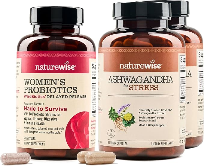 NatureWise [1] Probiotics for Women + Cranberry for PH &amp Urinary - 60 Capsules[60-Day Supply] + (Pack of 2) Ashwagandha for Stress + GABA &amp L-Theanine - 60 Capsules[30-Day Supply]