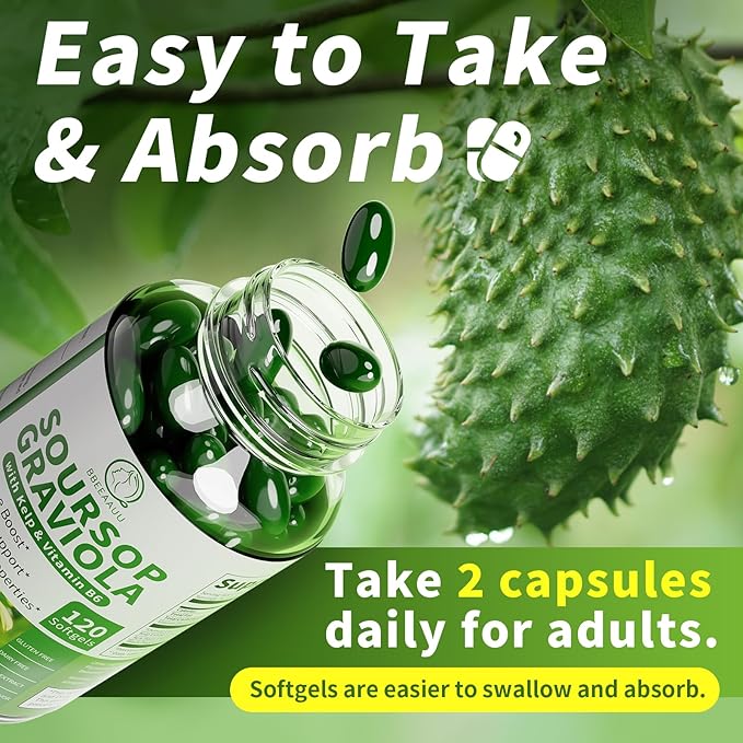 Soursop Graviola Capsules with Kelp for Cell Regeneration Enhances Immunity Digestive Support Anti-oxidant* Properties Gluten Free Vegan 120 Counts (2 Pack)