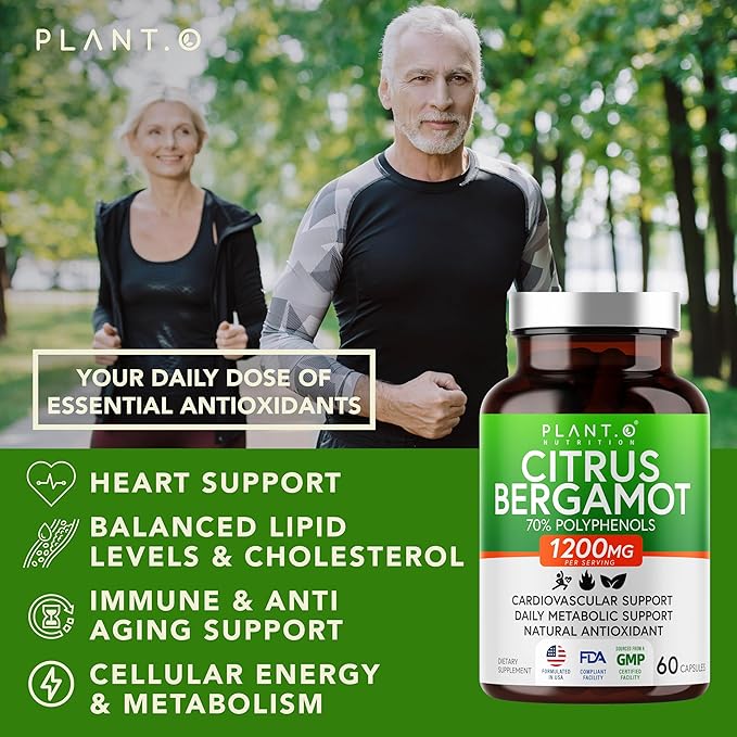 PLANT.O NUTRITION Citrus Bergamot Supplement 1200mg Highly Concentrated to 70% Polyphenols - Pure Bergamot Extract for Heart Health Immunity Antioxidant - 60 Veggie Capsules Made in USA