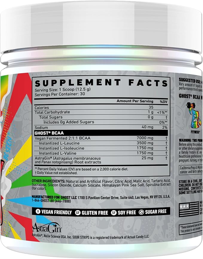 GHOST BCAA Powder Amino Acids Supplement Sour Strips - 30 Servings - Sugar-Free Intra Post &amp Pre Workout Amino Powder &amp Recovery Drink 7G BCAA