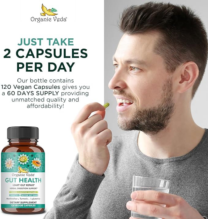 Organic Veda Marshmallow Turmeric Gut Supplement - Digestion Health Leaky Gut Repair &amp Cleanse Support - Papaya Digestive Enzymes Prebiotics L-Glutamine Green Banana Psyllium Husk - 120 Capsu