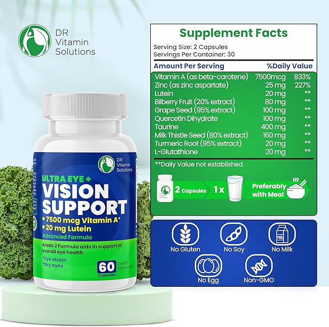 Vision Support Eye Vitamins for Macular Health | Supplements with Lutein Zinc Vitamin A &amp Bilberry | Areds 2 Formula for Red &amp Dry Eyes | Blue Light &amp Eye Strain Support for Adults 60 C