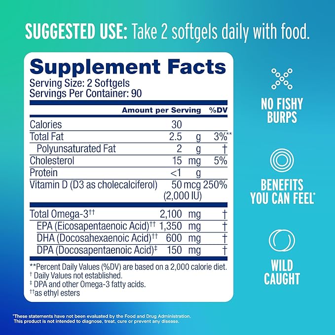 Oceanblue Professional Fish Oil with Vitamin D3 | Triple Strength 2100mg Omega-3 DPA EPA DHA | Wild Caught | Burpless Orange Flavor | 180 Softgel Capsules