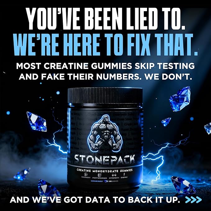 STONEPACK Creatine Gummies – The Only Lab-Verified 5g Creatine Monohydrate | Plus B12 for Energy Accurate Dosing Sugar-Free Vegan Gluten-Free | 120 Count Blue Raspberry Flavor