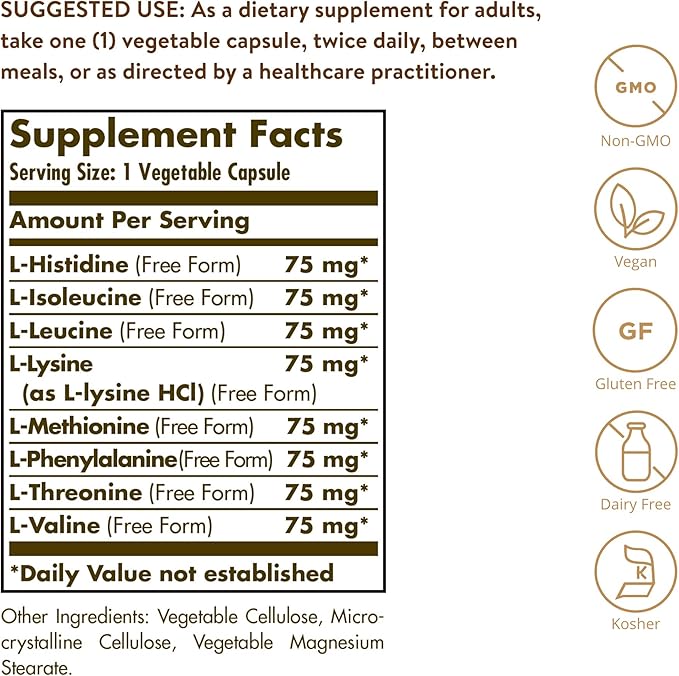 Solgar Essential Amino Complex 90 Vegetable Capsules - Free Form Essential Amino Acids - Non-GMO Vegan Gluten Free Dairy Free Kosher - 90 Servings