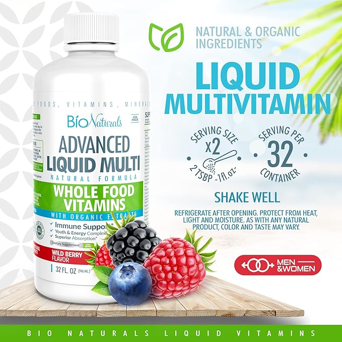 Bio Naturals Liquid Whole Food Multivitamin for Men &amp Women with Over 100 Ingredients - Superfoods Omegas Organic Extracts - 100% Vegan - 32 oz