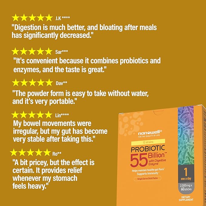 NANOWELL 12 Strains Probiotic 55 Billion CFU with Digestive Enzymes Powder - Immune Support Gut Health Probiotics Prebiotics &amp Postbiotics - 60 Sticks 60 Day Supply