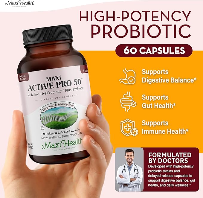 Maxi Health Probiotic Plus Ultimate Prebiotic Advanced Live Probiotics Formula - 50 Billion Live Active Probiotic - 15 Strains - Ultra Protection - Active Pro-50-30 Count