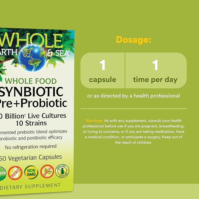 Natural Factors Whole Food Synbiotic Pre+Probiotic 10 Billion - Organic Gut &amp Digestive Health Supplement - Non-GMO Gluten-Free &amp Dairy-Free - 60 Vegetarian Capsules (60 Servings)