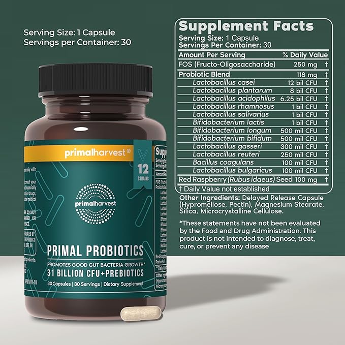 Primal Harvest Probiotics for Women &amp Men Daily Probiotic Supplement with 12 Strains for Gut &amp Digestive Health 30 Capsules