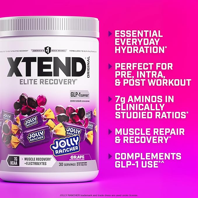 Xtend Original BCAA Powder 7g BCAAs and 2.5g L-Glutamine for Muscle Recovery Hydration and Lean Muscle Sugar Free Intra and Post Workout Drink with Electrolytes Grape Jolly Rancher 30 Servings
