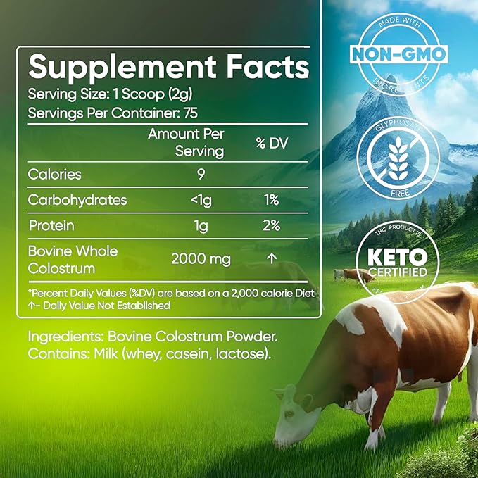 Colostrum Supplement Powder-for Immune Support Gut Health-Muscle Recovery &amp Wellness-Natural IgG-Pure Whole Bovine Superfood-Unflavored-75 Servings