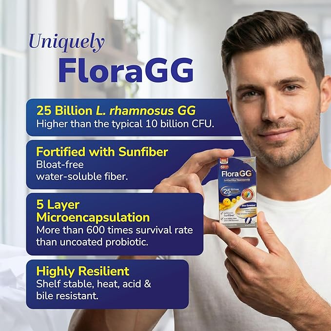 LABO Nutrition FloraGG Lactobacillus Rhamnosus LGG 25 Billion CFU Daily (LGG Probiotic with Sunfiber) 5-Layer Microencapsulated L. Rhamnosus Supplement | Digestion &amp Immune Support | 60 Capsules