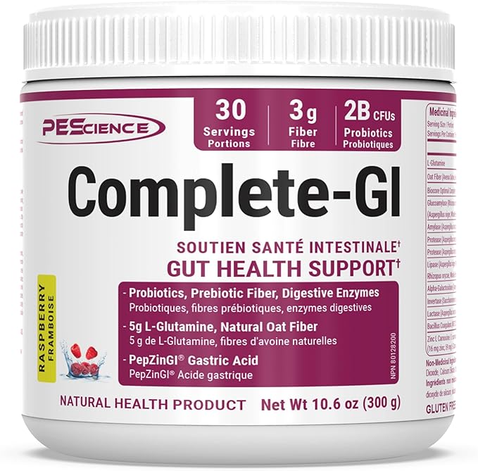 PEScience Complete-GI Gut Health Powder Probiotics for Women and Men Digestive Enzymes Prebiotic Fiber L Glutamine Pepzin GI Zinc Carnosine - Raspberry Flavor 30 Servings