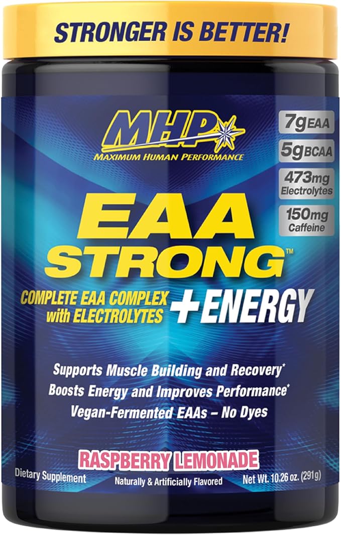 Maximum Human Performance EAA Strong + Energy EAA Supplement All 9 EAAs BCAAs Electrolytes Coconut Water Pre-Workout Enhances Muscle Building Performance Caffeine Raspberry Lemonade 30 Serve