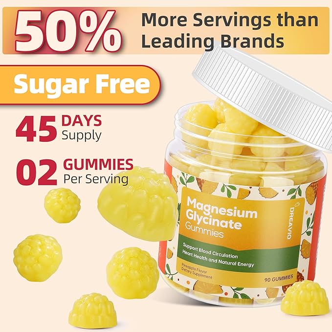 DREAVIO 90 Count Magnesium Glycinate Gummies w/Ashwagandha Supplement - Sugar Free Zinc Magnesium Glycinate Supplement Ashwagandha Gummies for Adults Pineapple Flavor