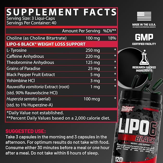 Nutrex Lipo-6 Black Max Strength Fat Burner - Fast Acting Energy Weight Loss Diet Pills – Appetite Suppressant Metabolism Booster - 120 Capsules