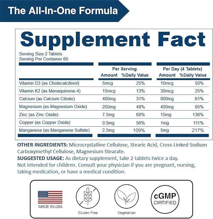 LOVITA Calcium Citrate 800 mg with Magnesium Vitamin D3 &amp K2 Bone Strength &amp Density Supplement for Women &amp Men Supports Teeth Immune Health Gluten Free Non-GMO 360 Vegan Tablets