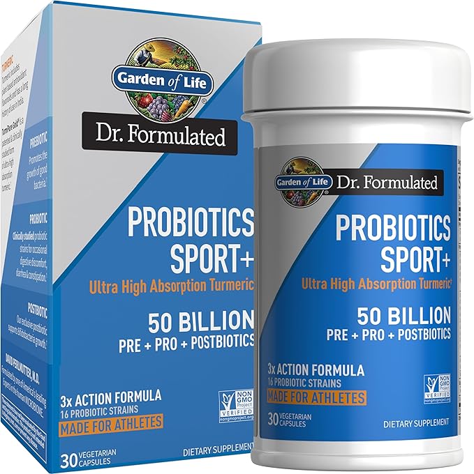 Garden of Life Dr Formulated Sport Probiotics Digestive Supplement Organic Prebiotics for Women &amp Men Athletes Clinically Studied Turmeric Curcumin 50 Billion CFU Gut Health Acidophilus 30ct