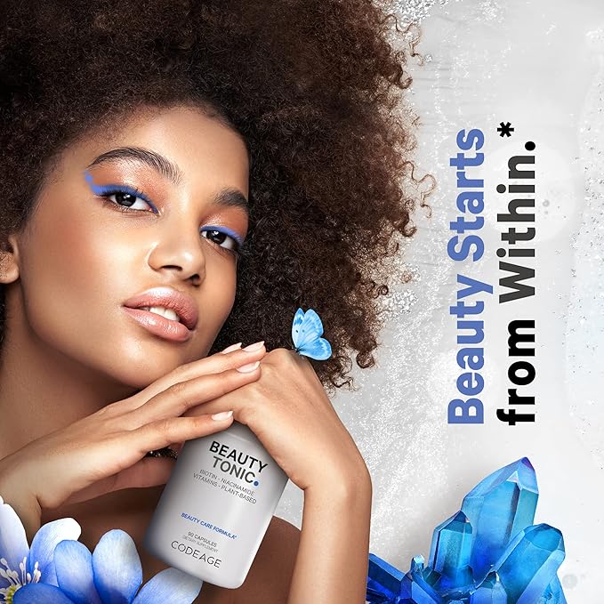 Codeage Biotin Supplement with Vitamin C Vitamin E Vitamin B6 Niacin Folate Organic Food Blend Phytoceramides Astaxanthin Selenium - Beauty Tonic - Hair Skin and Nail Support - Vegan 90 Ct
