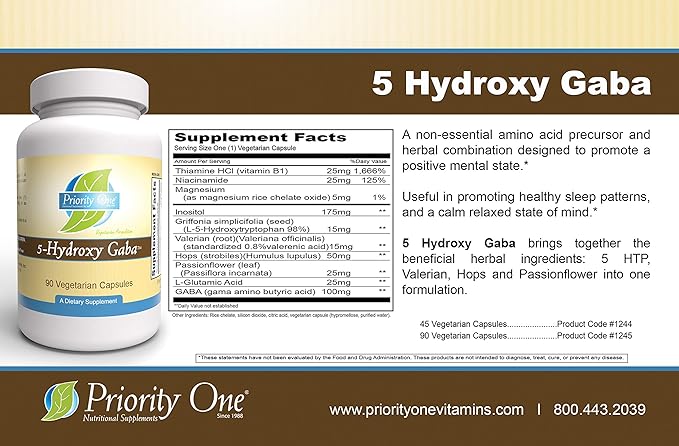 Priority One Vitamins 5 Hydroxy GABA (Gamma Aminobutyric Acid) (5HTP)* 90 Vegetarian Capsules