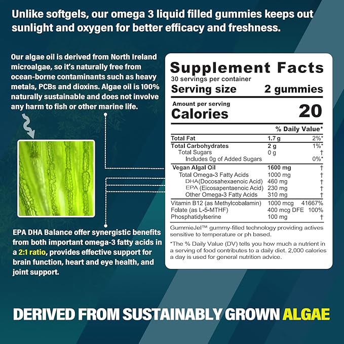 Vegan Omega 3 Gummies 1000mg+Iron Supplement 12.5mg
