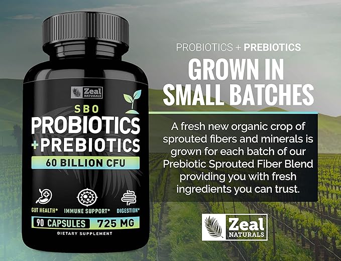 Probiotics and Prebiotics + SBO Probiotics (60 Billion CFU | 90 Capsules) Acidophilus Probiotic w. Saccharomyces Boulardii Bifidobacterium + Spore Probiotic &amp Organic Sprouted Prebiotic Fiber Ble