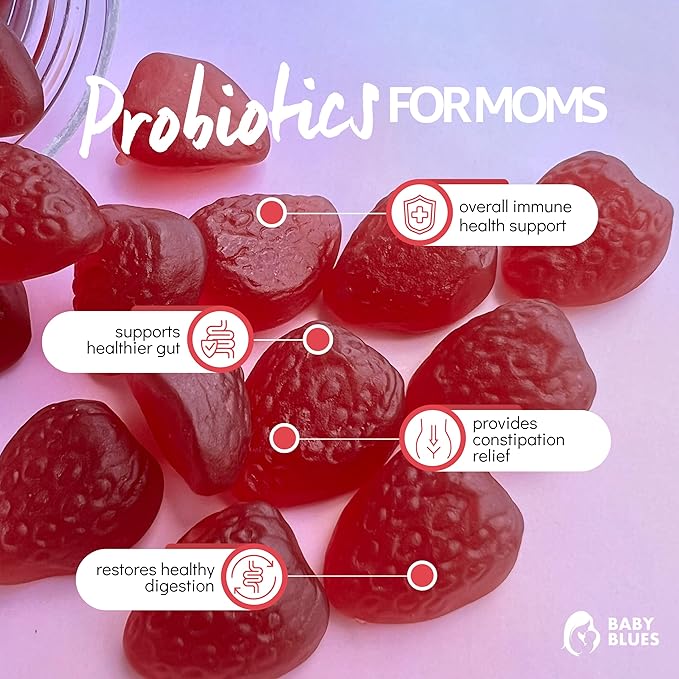 Baby Blues Probiotic Gummies for Women – Organic Strawberry Flavor – Gut Immune Skin &amp Vaginal Health – 5 Billion CFU DE111® – Vegan Daily Supplement for Moms – Pre/Postnatal Support