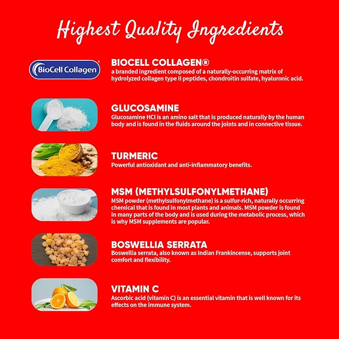Health Logics Move! Healthy Joints with BioCell Collagen Glucosamine MSM Vitamin C Turmeric Extract 95% Curcuminoids Boswellia Serrata | Support Joint Comfort | Non-GMO | 90 Capsules