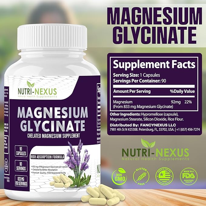 Magnesium Glycinate 833mg - 90 Vegan Capsules | Gluten Free High Absorption Chelated Magnesium Glycinate for Sleep Muscle Heart Metabolism Support |
