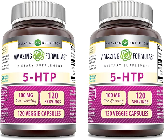 Amazing Formulas 5-HTP (Hydroxytryptophan) Supplement | 100 Mg Per Serving | Veggie Capsules | Non-GMO | Gluten Free | Made in USA (2 Pack 120 Count)