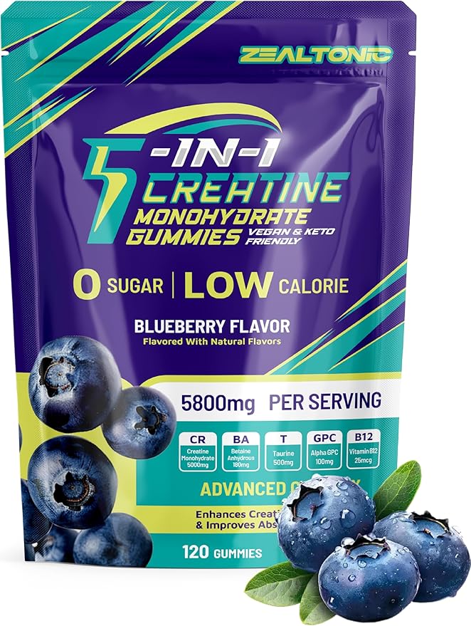 Creatine Monohydrate Gummies 5800mg with Betaine &amp Alpha GPC | 0 Sugar | Pre Workout Energy Booster for Men &amp Women | Muscle Growth &amp Boost Strength &amp Faster Recovery | (120 Blueberry