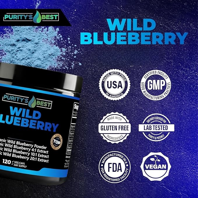Purity’s Best Wild Blueberry Extract Rich in Flavonoids &amp Anthocyanins Antioxidant Support for Brain &amp Heart Health 4-Month Supply Non-GMO 120 Vegan Capsules