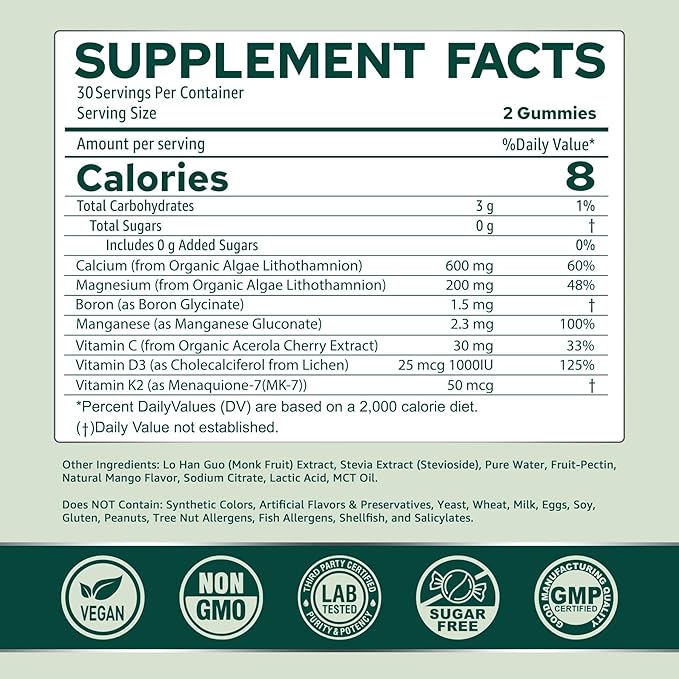 Calcium Gummies for Women + Magneisum Vitamin D3 K2 C Zinc Boron Sustainable Algae (3rd Party Tested) for Bone Strength Nerve Calcium Absoption Sugar Free Calcium Supplement Vegan 60 Counts