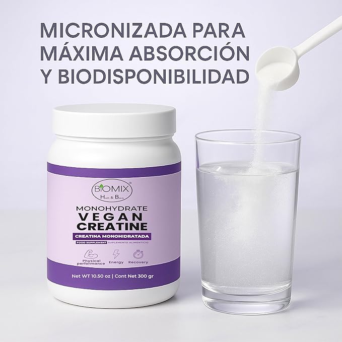Biomix Vegan Creatine Monohydrate 5000mg Pharmaceutical Grade Micronized 2X Absorption Zero Additives Zero Fillers Strength Energy Muscle Recovery 60 Servings 300g