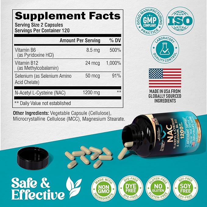 NAC Supplement | Selenium | B6 | B12 - Antioxidant Immune Support - N Acetyl Cysteine 600 mg per Capsule 1200 mg per Serving - Made in USA - Non-GMO Gluten-Free Vegan - 240 Caps 4 Month Supply