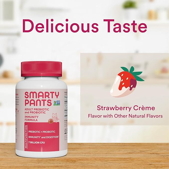 SmartyPants Adult Probiotic &amp Prebiotic Gummies for Digestive Health: Gut Health Supplement Clinically Studied Prebiotic for Immune Support Strawberry 60 Count (30 Day Supply) (Pack of 2)