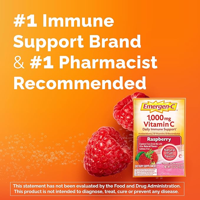 Emergen-C 1000mg Vitamin C Powder with Antioxidants B Vitamins and Electrolytes Vitamin C Supplements for Immune Support Caffeine Free Drink Mix Raspberry Flavor - 60 Count/2 Month Supply
