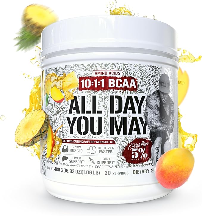 5% Nutrition Rich Piana AllDayYouMay BCAA Powder | Premium Intra &amp Post Workout Amino Acids Hydration Endurance Muscle Recovery Joint &amp Liver Support | 16.93 oz 30 Servings (Mango Pineapp