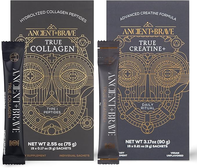 Ancient + Brave True Collagen &amp True Creatine Packets - Premium Collagen Peptides + Advanced Creatine Formula Sachets (15 of Each) - Supports Skin Hair Joints Strength &amp Recovery⁺ - 5g x 30