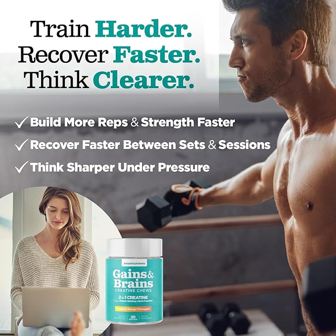 Creatine Chews - 5000mg Creatine Monohydrate Tablets for Men &amp Women with Ashwagandha KSM-66 - Low Sugar Muscle Support &amp Cognitive Boost - Gummy Alternative - 120 Count (Tropical Mango)