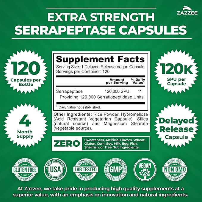Zazzee Delayed Release Serrapeptase 120000 SPU per Capsule 120 Vegan Capsules 4 Month Supply Extra Strength Potent and Concentrated Systemic Enzymes 100% Vegetarian All-Natural and Non-GMO